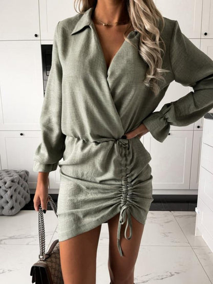 Drawstring Long Sleeve Mini Dress Women&