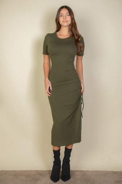 Drawstring Ruched Side Split Hem Midi Dress Olive S by Capella | Fleurcouture