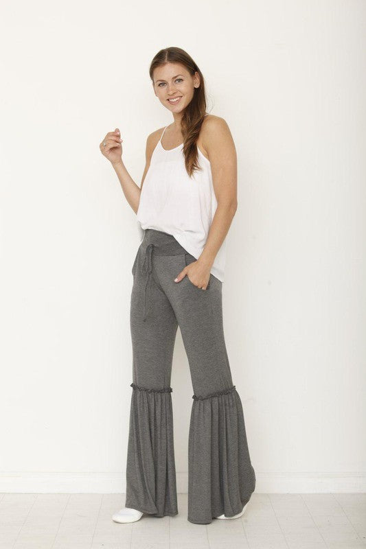 drawstring ruffle wide leg pants Charcoal S by EG fashion | Fleurcouture