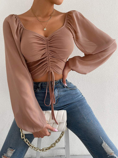 Drawstring Sweetheart Neck Cropped Top Camel S Tops by Trendsi | Fleurcouture