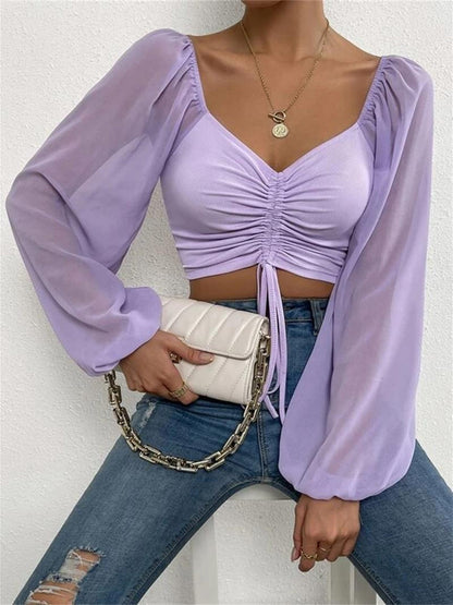 Drawstring Sweetheart Neck Cropped Top Lavender S Tops by Trendsi | Fleurcouture