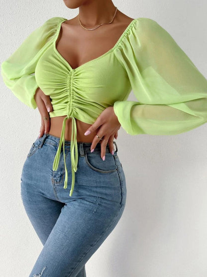 Drawstring Sweetheart Neck Cropped Top Lime S Tops by Trendsi | Fleurcouture