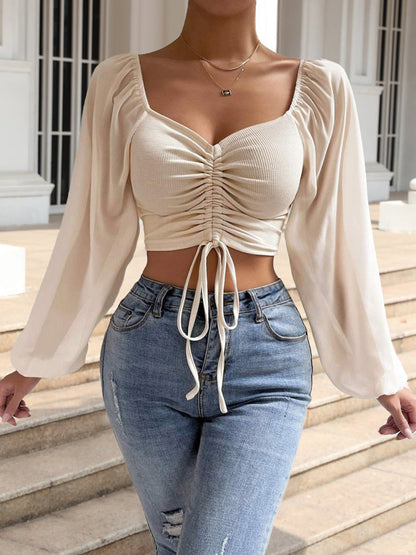 Drawstring Sweetheart Neck Cropped Top Sand S Tops by Trendsi | Fleurcouture