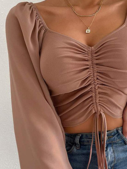 Drawstring Sweetheart Neck Cropped Top Tops by Trendsi | Fleurcouture