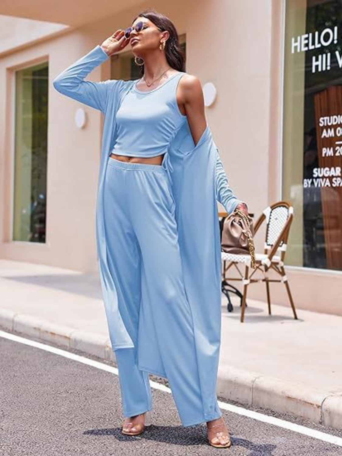 Drawstring Tank, Long Sleeve Cover Up and Pants Set Light Blue S Women&