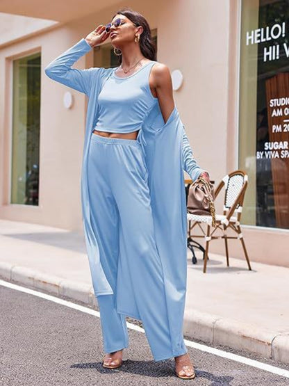 Drawstring Tank, Long Sleeve Cover Up and Pants Set Light Blue S Women&