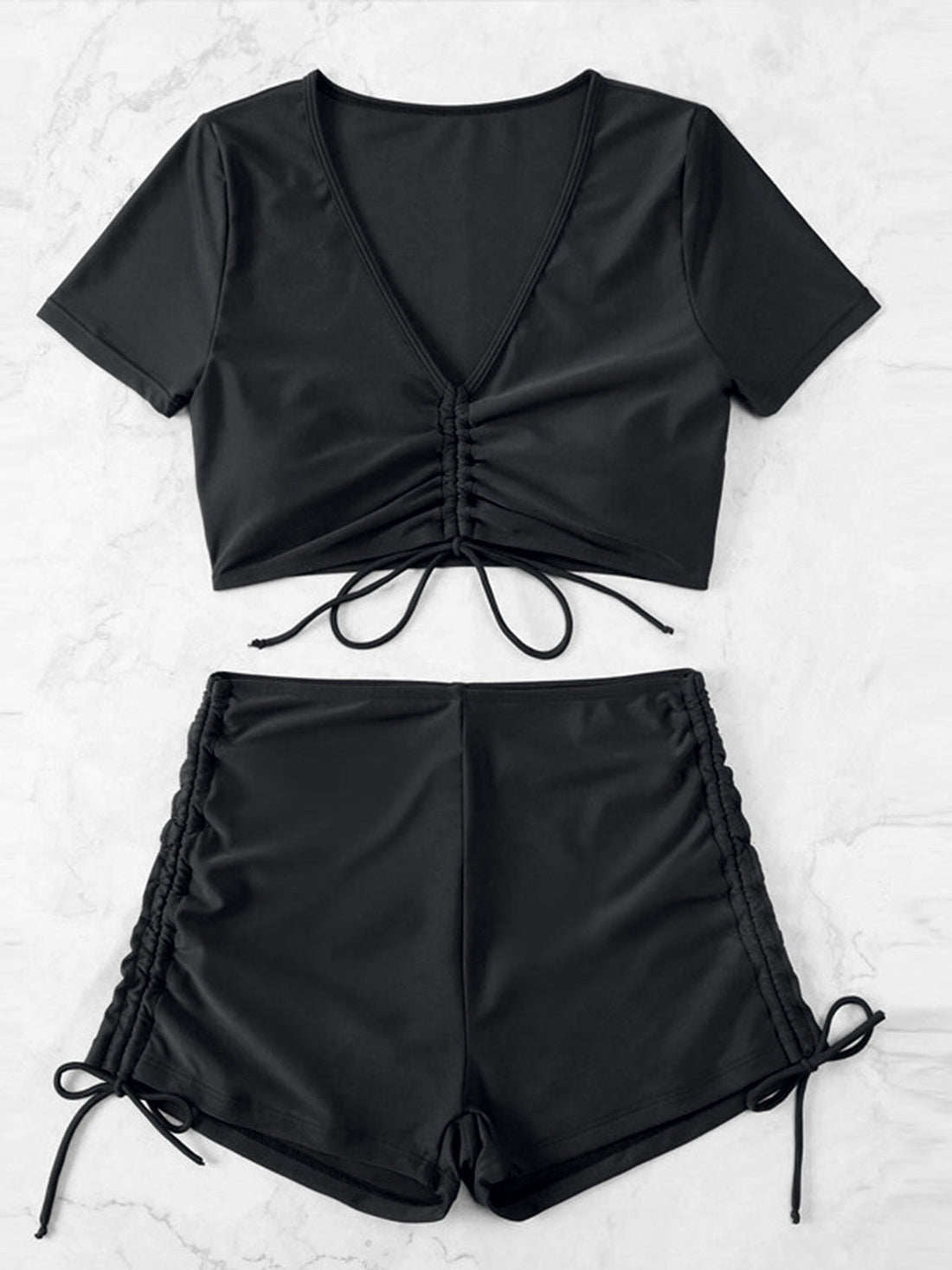 Drawstring V-Neck Short Sleeve Two-Piece Swim Set Black Swimwear by Trendsi | Fleurcouture