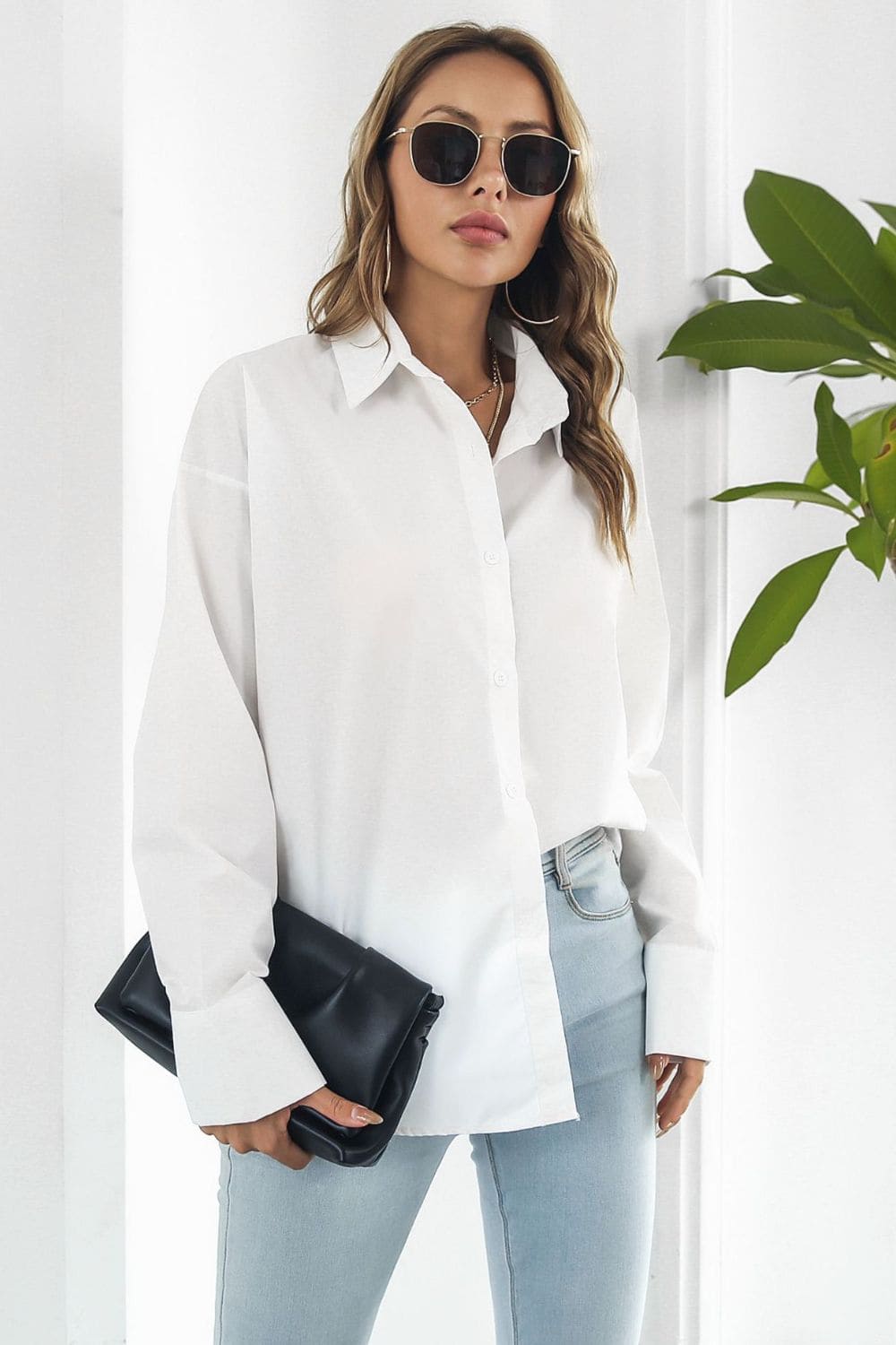 Dropped Shoulder Longline Shirt White S by Trendsi | Fleurcouture