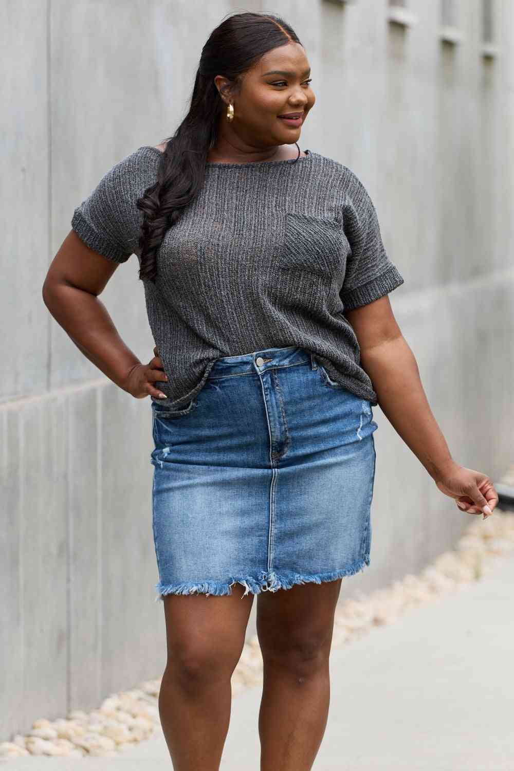 e.Luna Full Size Chunky Knit Short Sleeve Top in Gray Dark Gray by Trendsi | Fleurcouture