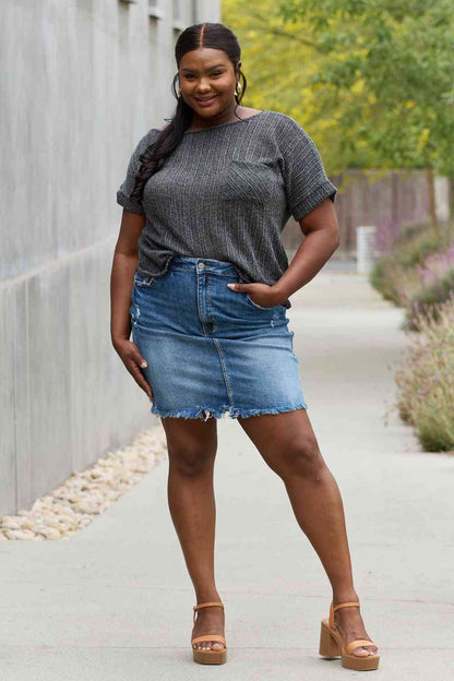 e.Luna Full Size Chunky Knit Short Sleeve Top in Gray Dark Gray by Trendsi | Fleurcouture