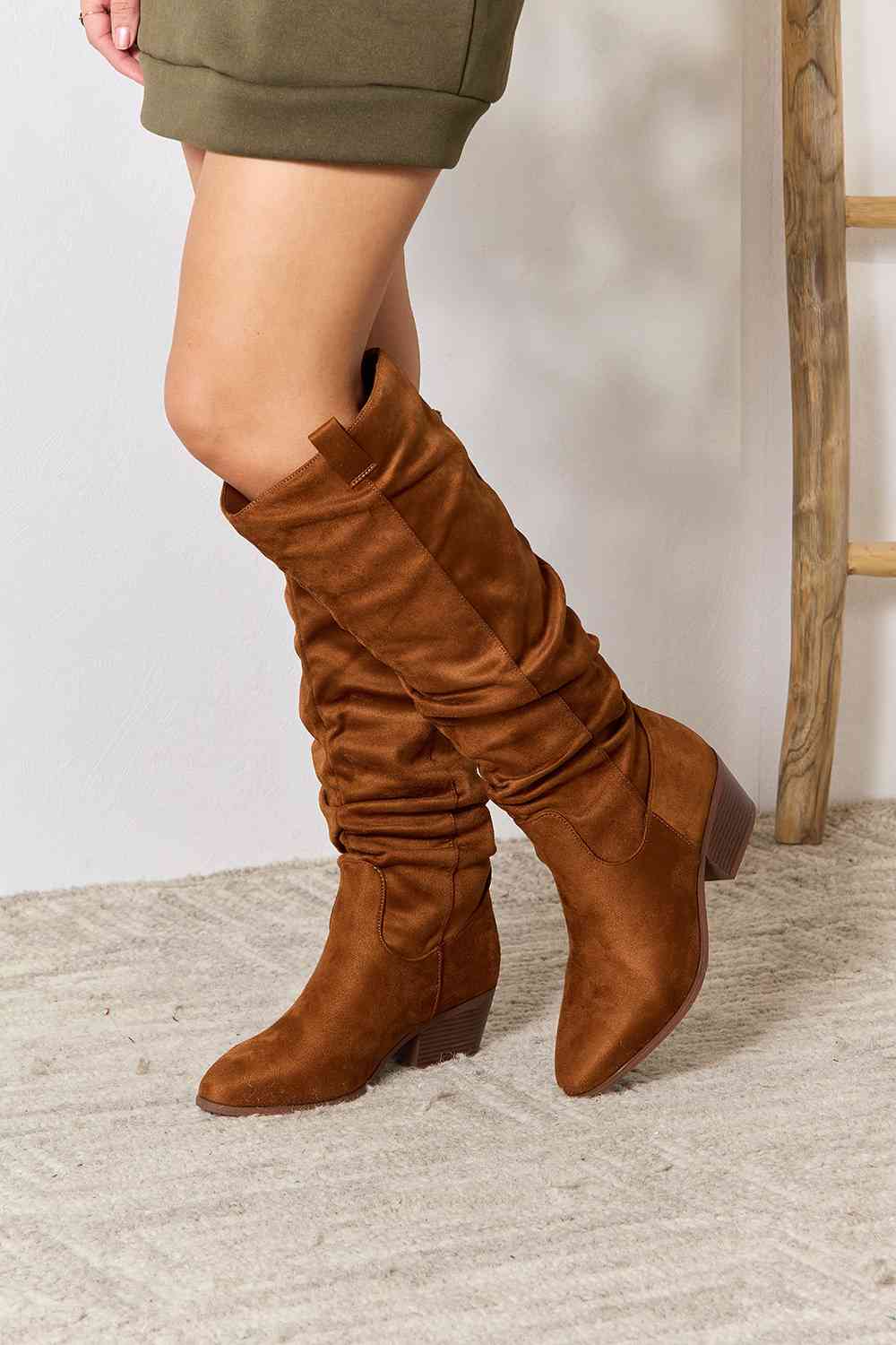 East Lion Corp Block Heel Knee High Boots Chestnut by Trendsi | Fleurcouture