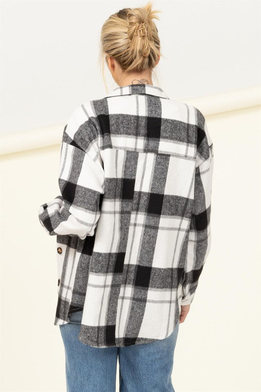 Effortless Ease Plaid Print Shacket BLACK S by HYFVE | Fleurcouture