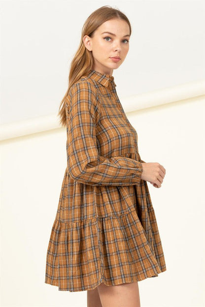 Effortless Love Plaid Print Babydoll Dress CAMEL by HYFVE | Fleurcouture