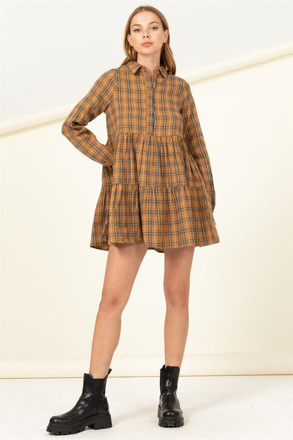 Effortless Love Plaid Print Babydoll Dress CAMEL by HYFVE | Fleurcouture