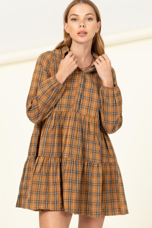 Effortless Love Plaid Print Babydoll Dress CAMEL M by HYFVE | Fleurcouture