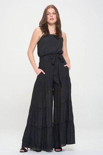 ELASTIC STRAP TIERED JUMPSUIT BLACK 1X by Jade By Jane | Fleurcouture