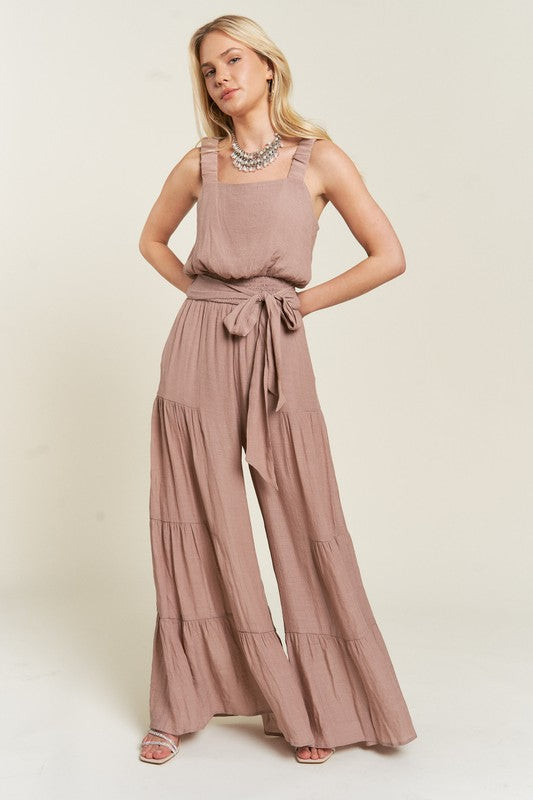 ELASTIC STRAP TIERED JUMPSUIT TAUPE 1X by Jade By Jane | Fleurcouture