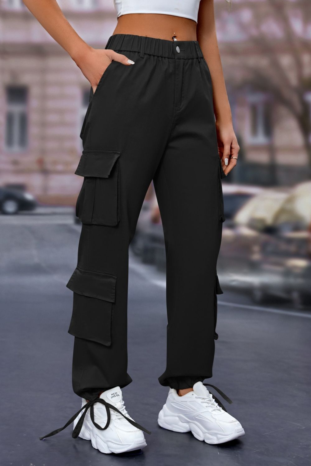 Elastic Waist Cargo Pants Black XS Women&