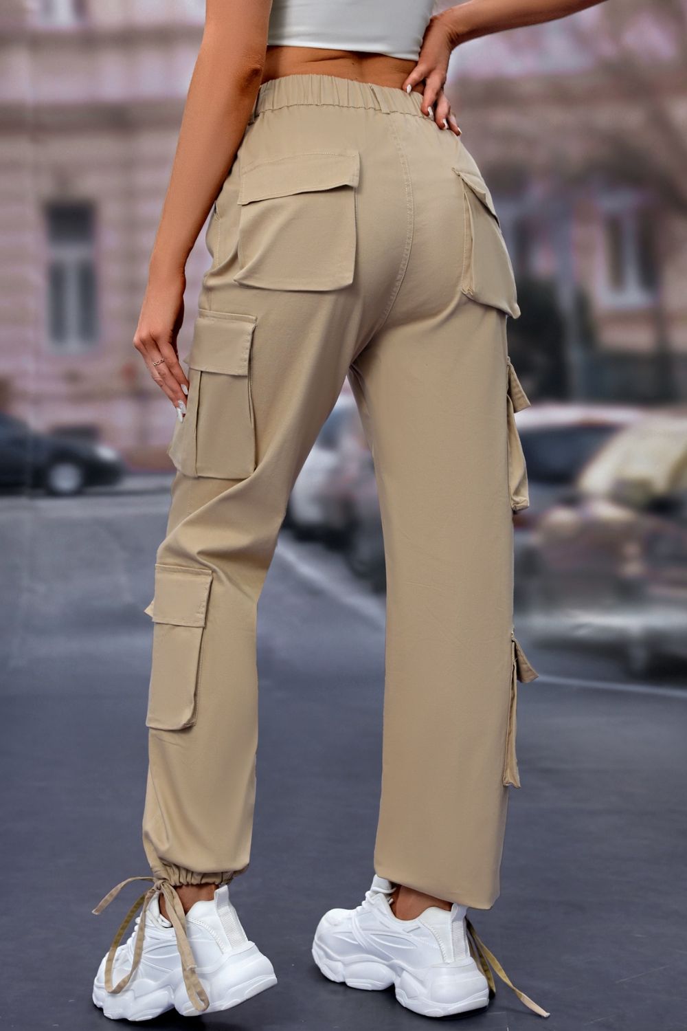 Elastic Waist Cargo Pants Tan XS Women&