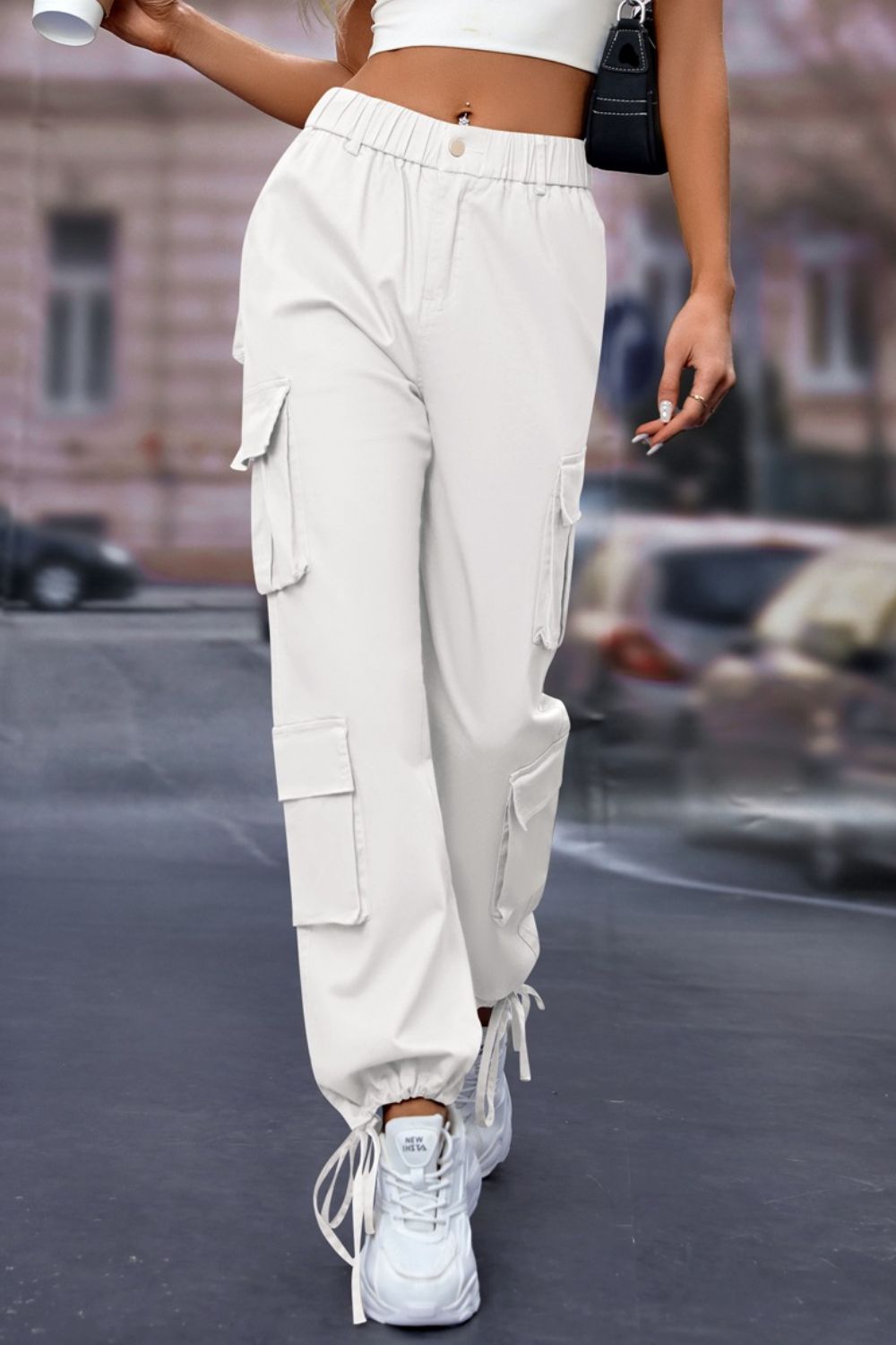 Elastic Waist Cargo Pants White XS Women&