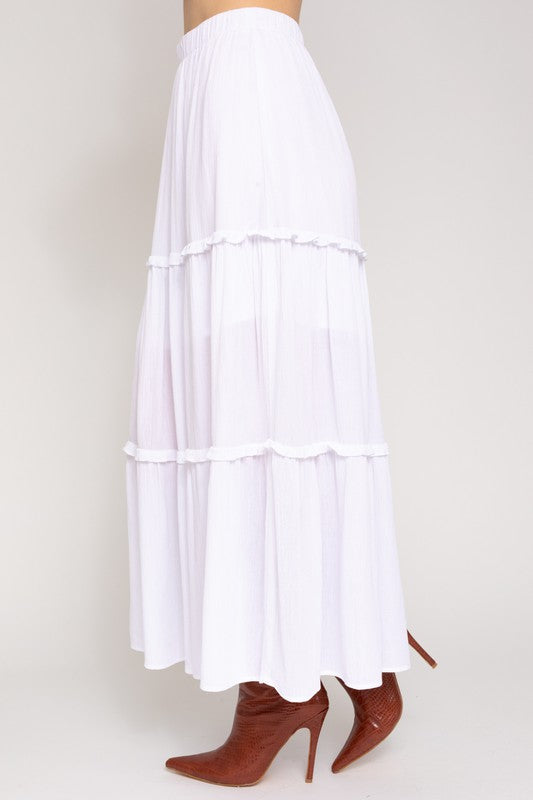 Elastic Waist Merrow Edge Tiered Midi Skirt White L by Gilli | Fleurcouture