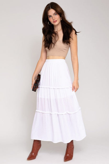 Elastic Waist Merrow Edge Tiered Midi Skirt White L by Gilli | Fleurcouture