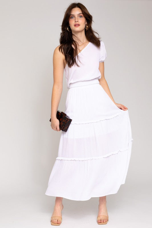 Elastic Waist Merrow Edge Tiered Midi Skirt White L by Gilli | Fleurcouture