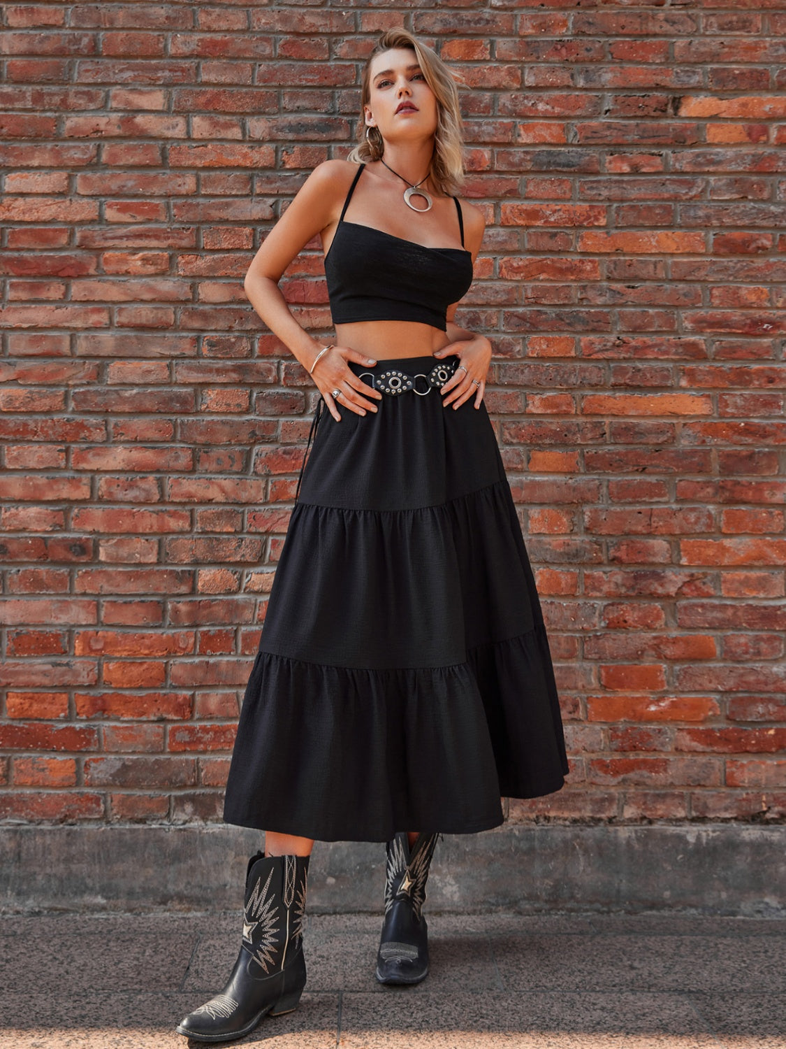 Elastic Waist Tiered Midi Skirt Black Bottoms by Trendsi | Fleurcouture