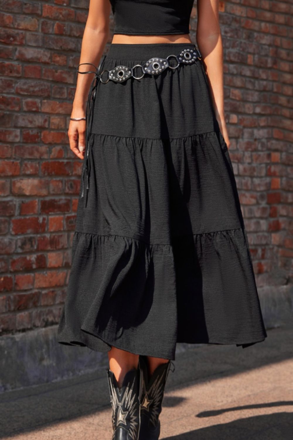 Elastic Waist Tiered Midi Skirt Black S Bottoms by Trendsi | Fleurcouture