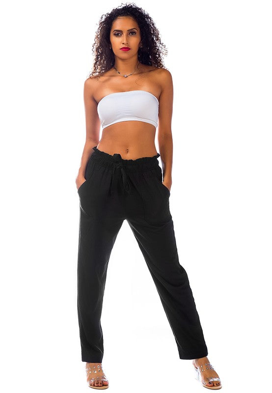 Elastic Waistband Straight Casual Pants Black XS by Rag Company | Fleurcouture