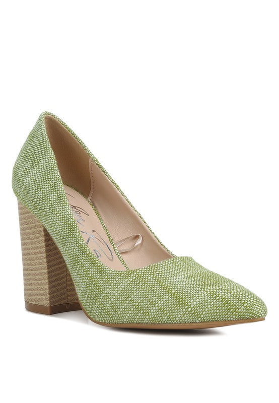 Elsie Canvas Block Heel Pumps Green 5 by Rag Company | Fleurcouture