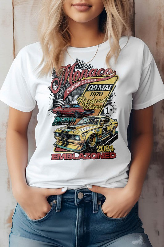 Emblazoned Race, Retro Vintage Graphic Tee White S by Rebel Stitch | Fleurcouture