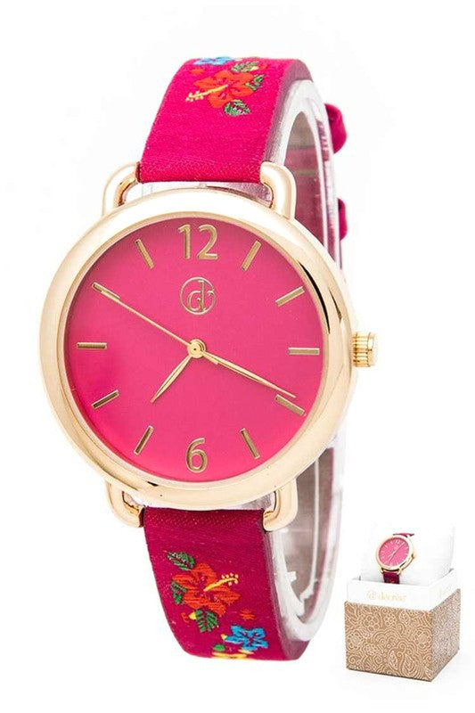 Embroidered Flower Band Fashion Watch Box Set Fuchsia O/S by Artini Accessories | Fleurcouture
