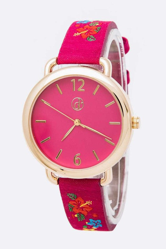 Embroidered Flower Band Fashion Watch Box Set Fuchsia O/S by Artini Accessories | Fleurcouture