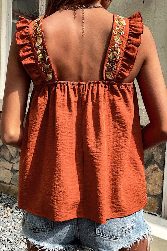 Embroidered ruffle sleeve tank RUST by Miss Sparkling | Fleurcouture