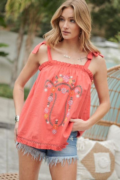 Embroidered Sleeveless Ruffle Tank Top by Davi &amp; Dani | Fleurcouture