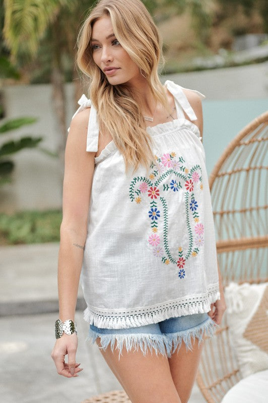 Embroidered Sleeveless Ruffle Tank Top by Davi &amp; Dani | Fleurcouture