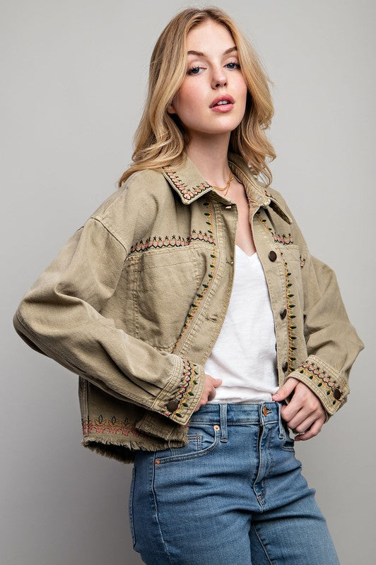 EMBROIDERED WASH COTTON JACKET Khaki S by Sweet Generis | Fleurcouture