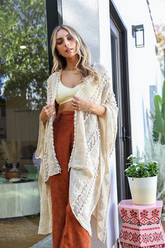 Embroidered Zig Zag Soft Kimono Cream One Size by Leto Accessories | Fleurcouture