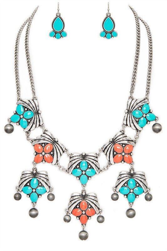 Enamel Western Inspired Statement Necklace Set Coral O/S by LA Jewelry Plaza | Fleurcouture