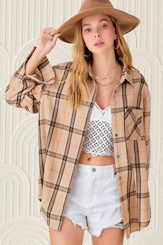 Encore Plaid Shirt TAN S by La Miel | Fleurcouture