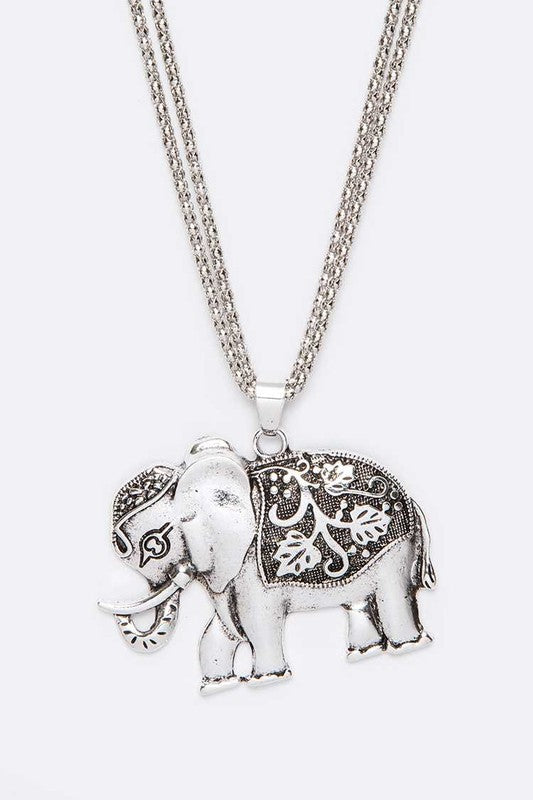 Engraved Elephant Pendant Long Necklace Silver O/S by LA Jewelry Plaza | Fleurcouture