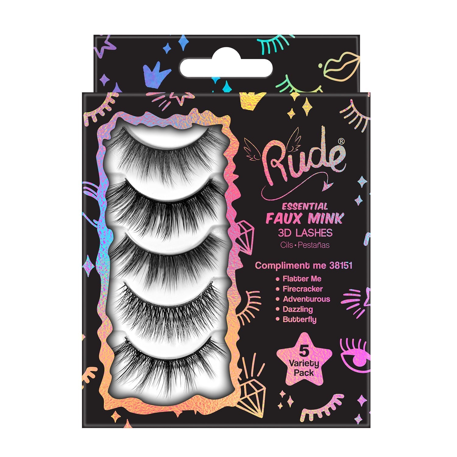 Essential Faux Mink 3D Lashes 5 Variety Pack Compliment Me False Lashes by Rude Cosmetics | Fleurcouture