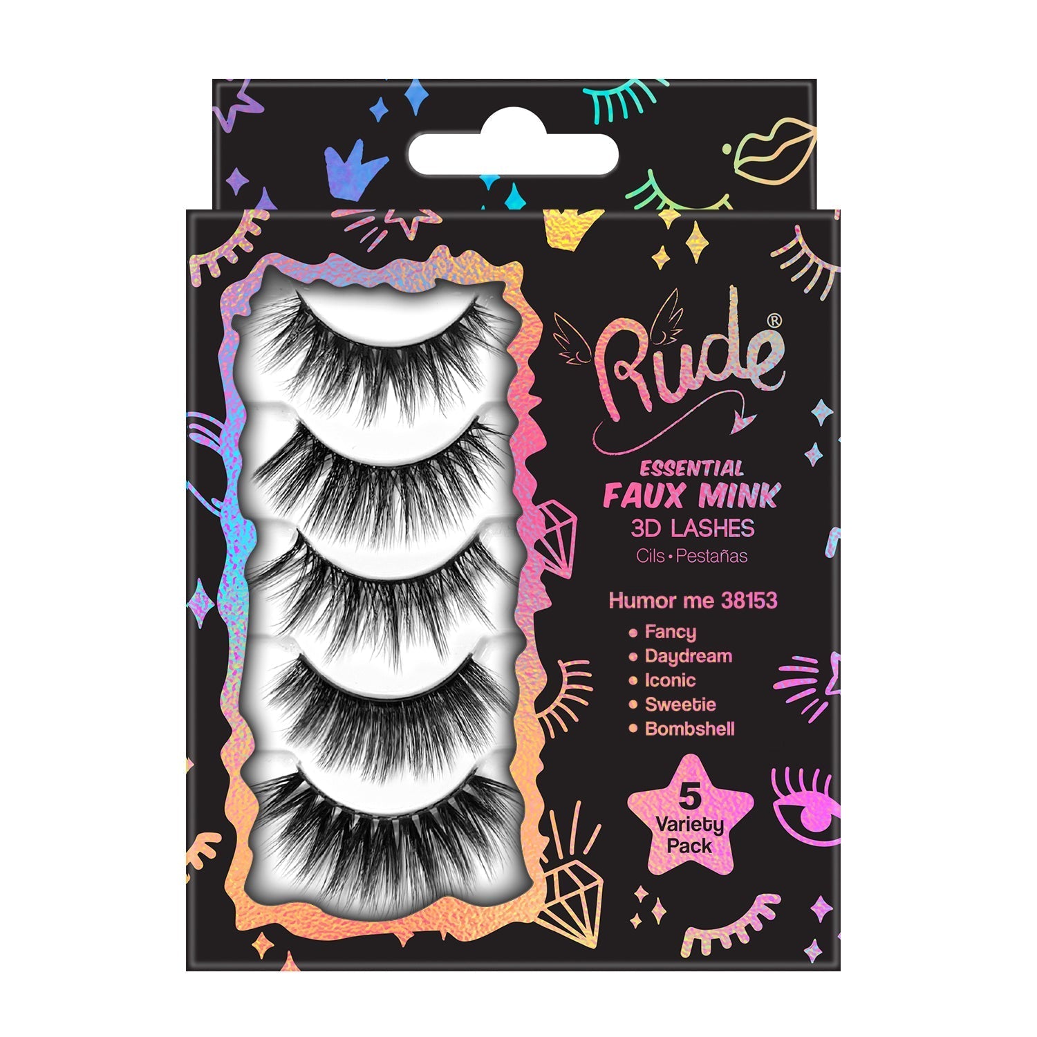 Essential Faux Mink 3D Lashes 5 Variety Pack Humor Me False Lashes by Rude Cosmetics | Fleurcouture