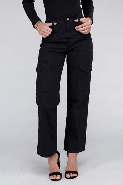 Everyday Wear Elastic-Waist Cargo Pants Black S by Ambiance Apparel | Fleurcouture