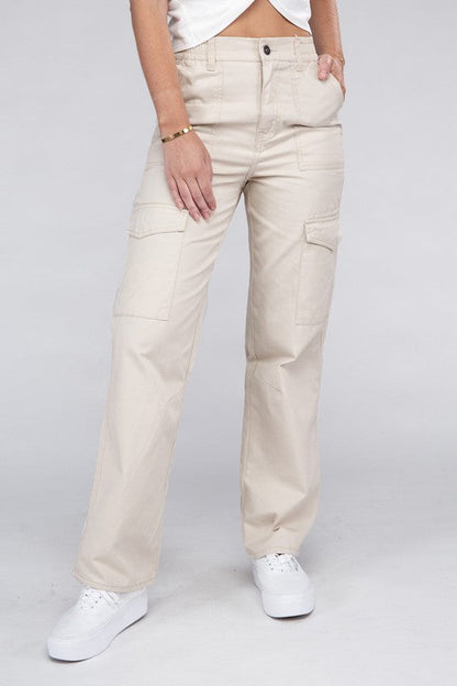 Everyday Wear Elastic-Waist Cargo Pants Khaki S by Ambiance Apparel | Fleurcouture