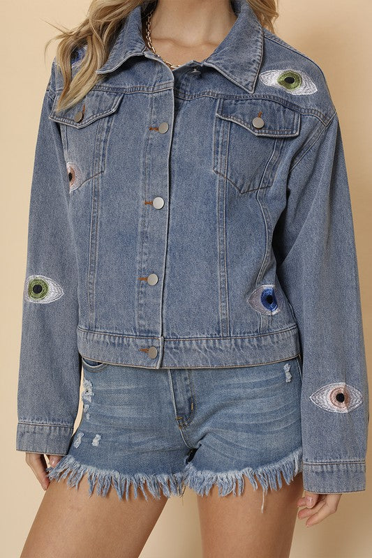 Eye denim jacket Blue M by Miss Sparkling | Fleurcouture