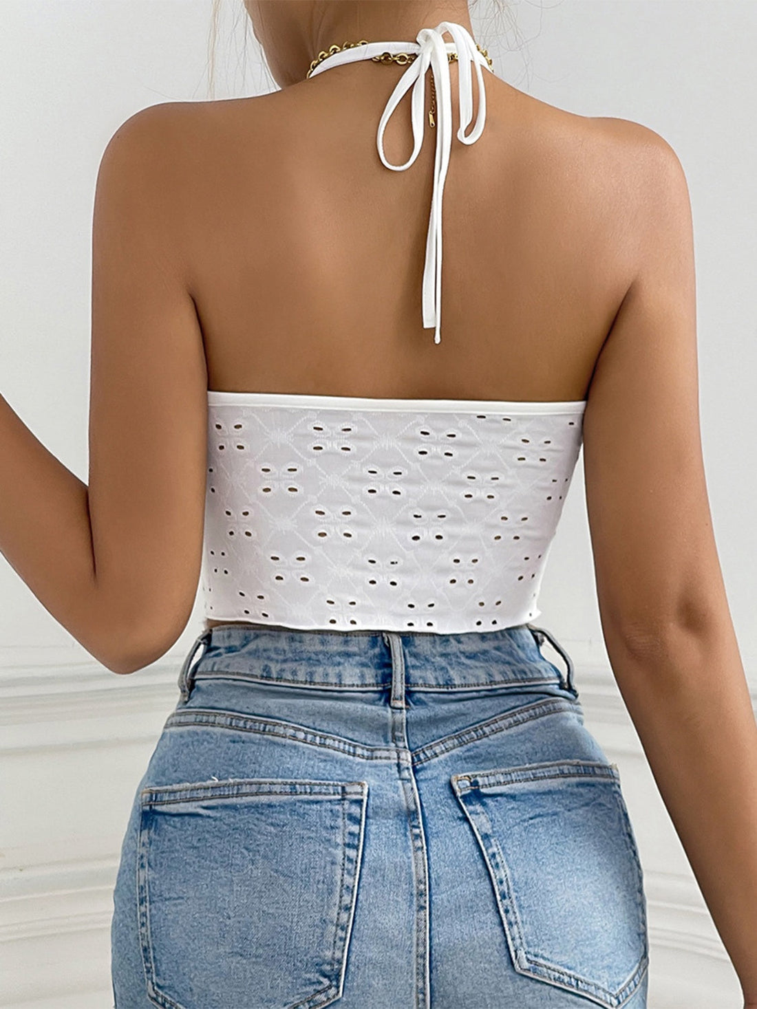 Eyelet Halter Neck Cami White Women&