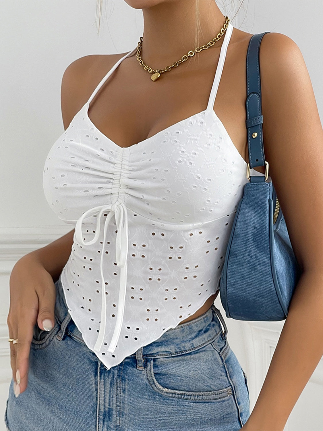 Eyelet Halter Neck Cami White Women&