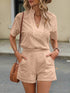 Eyelet Notched Short Sleeve Top and Shorts Set Tan S Women&